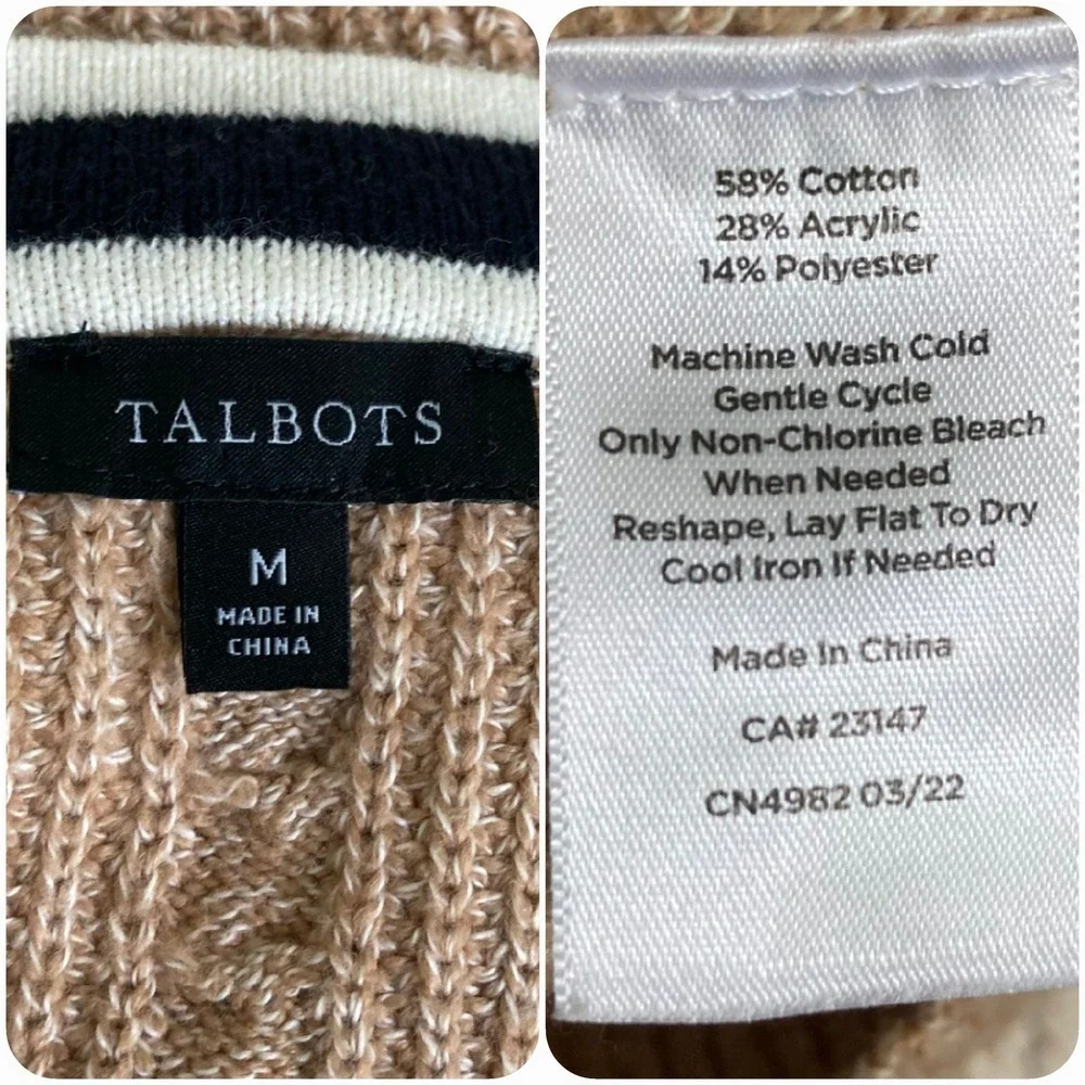 Talbots Cable Knit long Cardigan Sweater Size M Button down Cotton Preppy Tipped - Picture 17 of 17